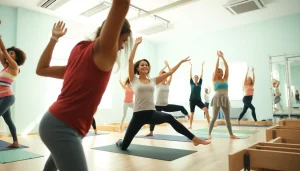 多様な参加者と器具を特徴とする活気あるグループピラティスクラス。明るいスタジオでピラティス おすすめを強調。