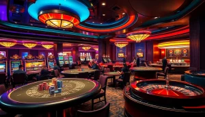 Tác giả Trần Chinh analyzes casino strategies amidst a thrilling gambling scene featuring poker tables, chips, and slot machines.