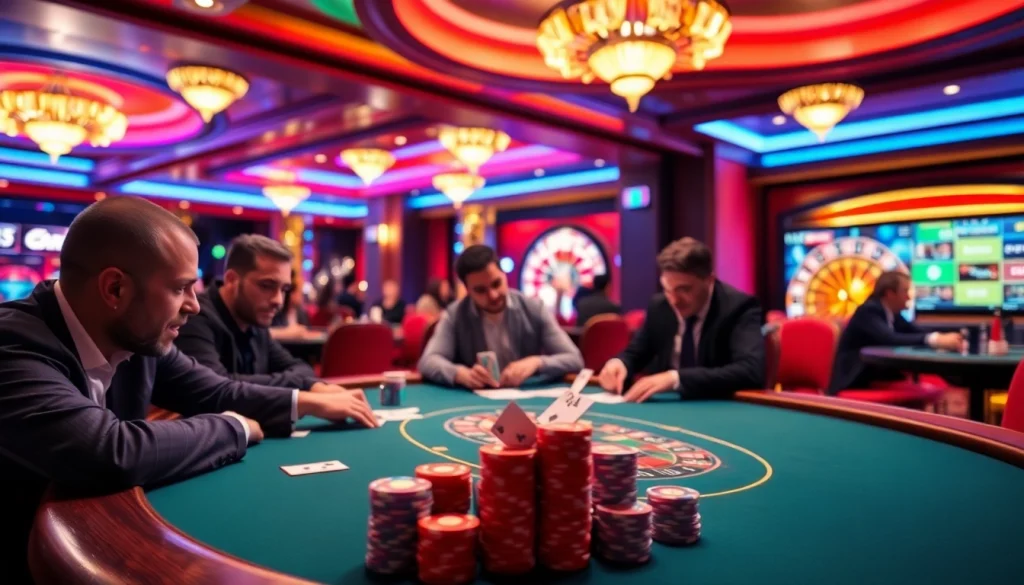 Engaged players strategizing with cards and chips at a vibrant da88 casino table.