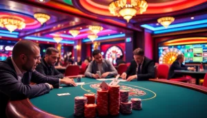 Engaged players strategizing with cards and chips at a vibrant da88 casino table.
