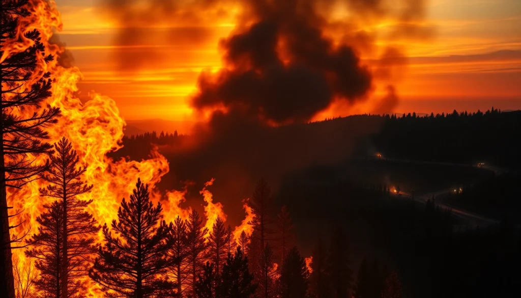 Wildfire events raging through a forest, showcasing intense flames and smoke against a sunset sky.