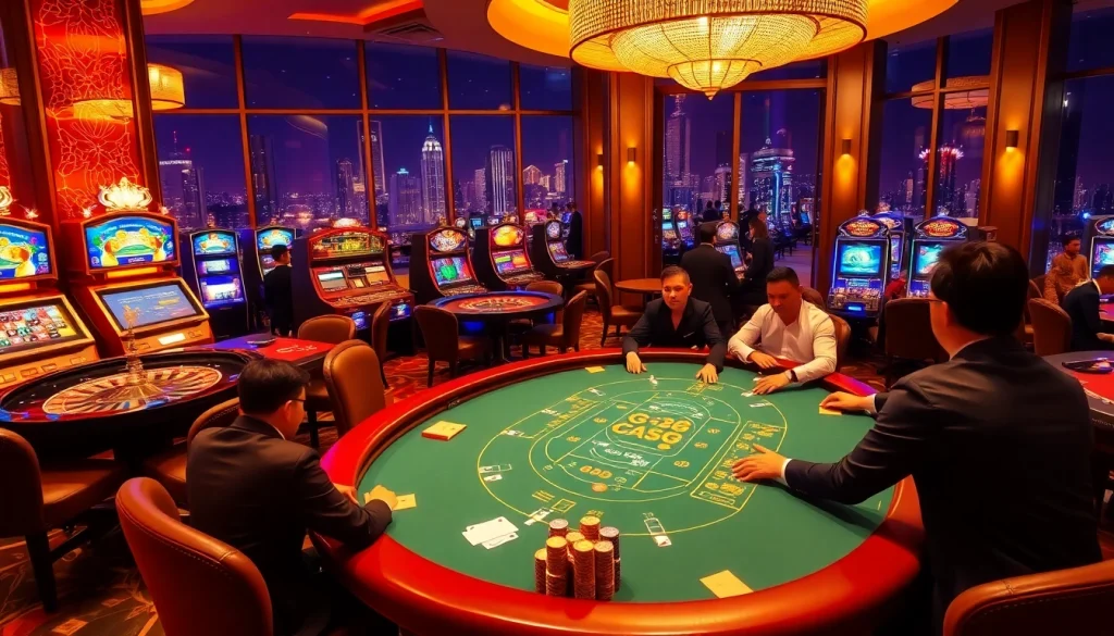 Exciting gameplay at gg88 casino with vibrant games, poker table, and lively atmosphere.