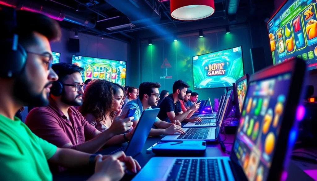 LAGAGAME77 players immersed in an exciting online gaming atmosphere with vibrant lights.