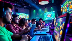 LAGAGAME77 players immersed in an exciting online gaming atmosphere with vibrant lights.