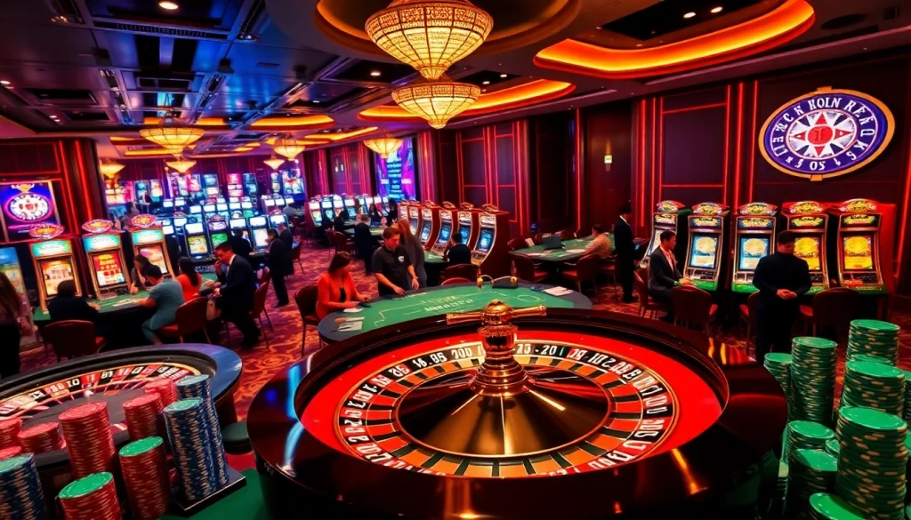 Người chơi tham gia các trận casino đầy phấn khích trên sàn cược sống động của LUCK8, với bàn roulette và những chiếc chip poker.