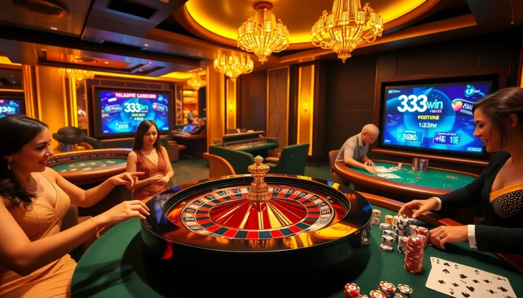 Players enjoying a thrilling game at 33win casino with colorful poker chips and roulette wheel.