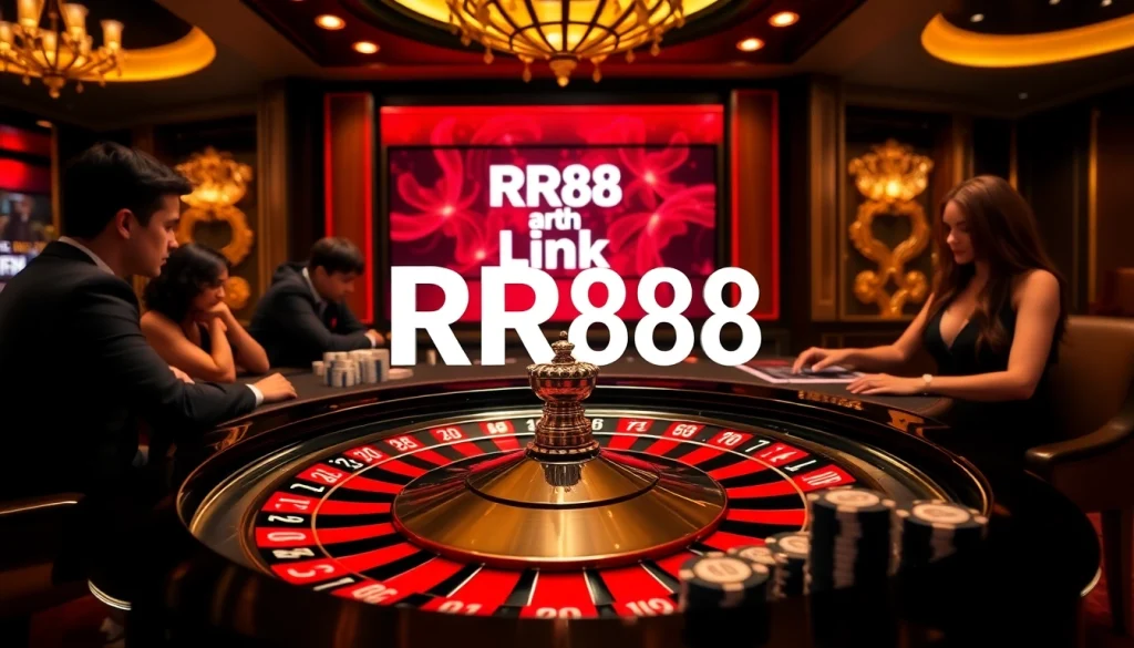 Experience the excitement of RR88 link at a luxurious casino with poker chips and a roulette wheel.