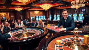 Experience the excitement of Nhà cái Hm88 with players at a luxurious roulette table surrounded by vibrant casino elements.