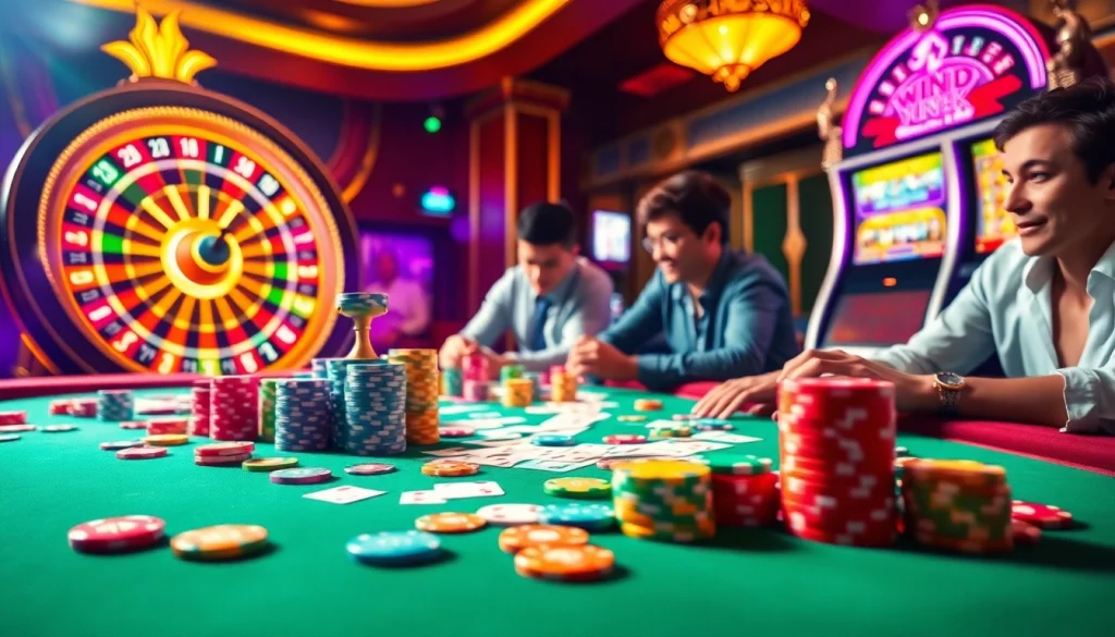 Players enjoying a thrilling casino table experience with luck8-themed poker chips and cards.