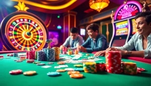 Players enjoying a thrilling casino table experience with luck8-themed poker chips and cards.