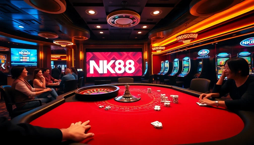 Experience the excitement of NK88 gameplay at a luxury casino with poker chips and roulette wheels.