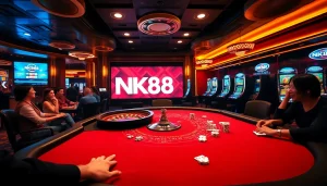 Experience the excitement of NK88 gameplay at a luxury casino with poker chips and roulette wheels.