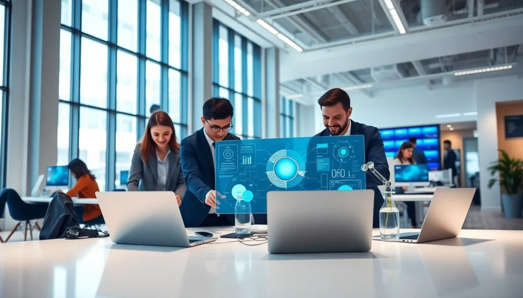 A diverse team collaborating at an AI automation agency in UK, showcasing teamwork and innovation.