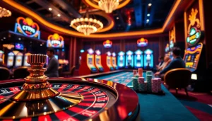 Exciting online gambling scene at rik vip casino with colorful poker chips and roulette wheel.
