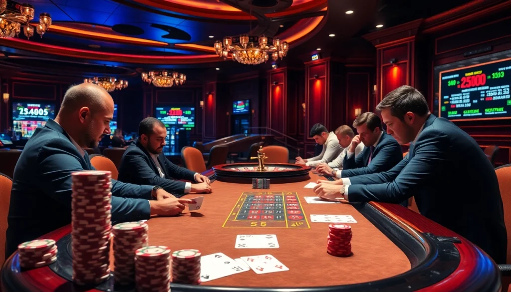 Engaged gamblers enjoy a thrilling game at a casino, featuring S8 poker chips and vibrant atmosphere.