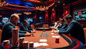Engaged gamblers enjoy a thrilling game at a casino, featuring S8 poker chips and vibrant atmosphere.