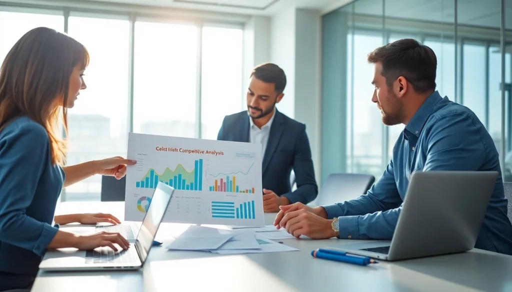 Visualize how to find competitor customer list with professionals analyzing data in a modern office.