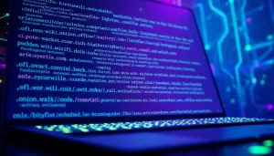 Explore the hidden wiki directory interface on the dark web, showcasing various .onion links and digital elements.