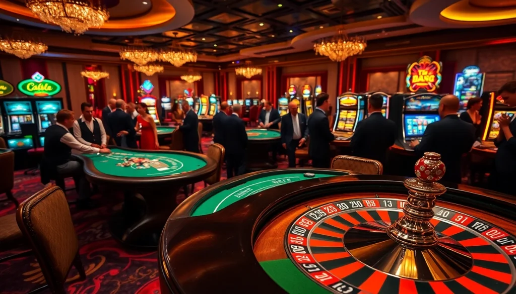 X88 tours gaming excitement at a luxurious casino with players and slot machines.