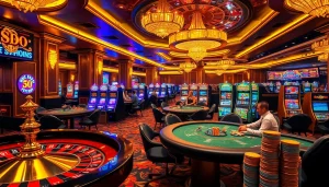 Exciting casino scene with poker tables, roulette wheels, and vibrant slot machines at SODO.