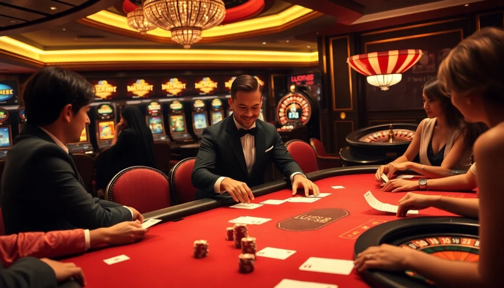 Cảnh casino sôi động với người chơi LUCK8 tại bàn poker cược cao, xung quanh là các máy đánh bạc rực rỡ.
