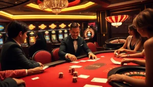 Cảnh casino sôi động với người chơi LUCK8 tại bàn poker cược cao, xung quanh là các máy đánh bạc rực rỡ.