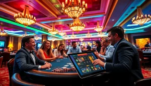 Gamblers enjoying an Onicplay poker game at a luxurious casino table.