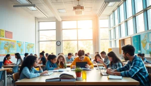 Innovative education scene showcasing diverse students engaged in learning.