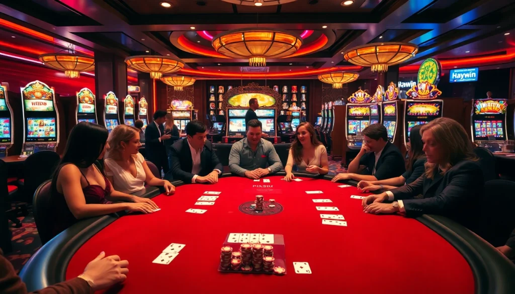 Excited players at a Haywin-themed casino table showcasing vibrant poker chips and cards.