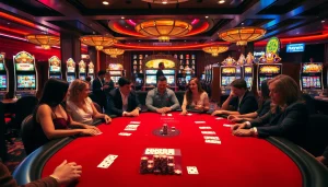 Excited players at a Haywin-themed casino table showcasing vibrant poker chips and cards.