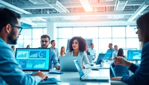 Dynamic team discussing AI automation agency in UK projects in a modern workspace.