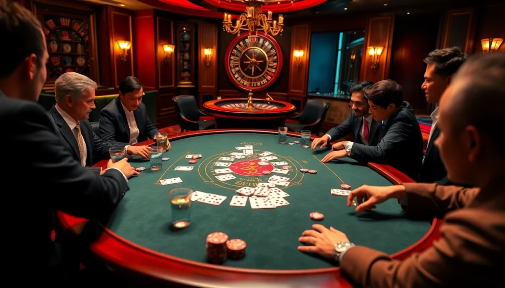 Experience the thrill of poker and gambling at okfun's luxurious casino setup, showcasing players in action.