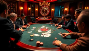 Experience the thrill of poker and gambling at okfun's luxurious casino setup, showcasing players in action.