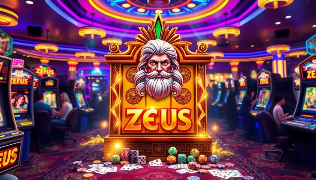 Spin to win on slot zeus with golden lightning and vibrant casino ambiance.