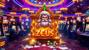 Spin to win on slot zeus with golden lightning and vibrant casino ambiance.