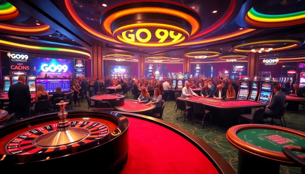 Players engaging in the thrilling atmosphere of GO99 casino games, filled with vibrant colors and excitement.