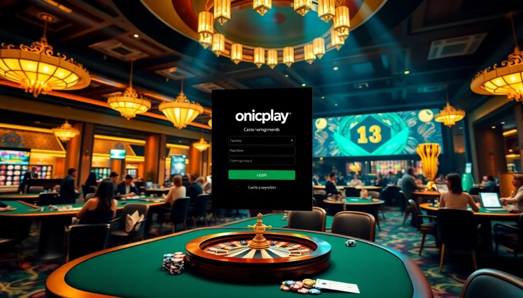 Experience the thrill of onicplay login with an exciting casino scene featuring poker chips, dice, and roulette.
