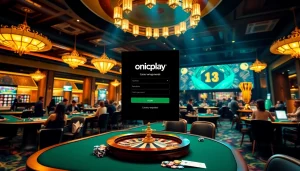 Experience the thrill of onicplay login with an exciting casino scene featuring poker chips, dice, and roulette.