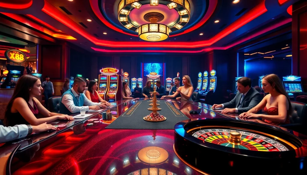Players enjoying an exciting game at XX88 casino, surrounded by poker chips and roulette.