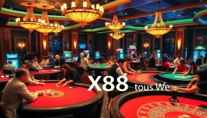 Winning at X88 tours: Luxurious casino gaming with poker chips and cards in action.