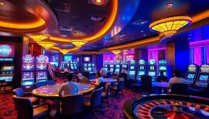Experience the thrill of NOHU LIVE at a luxurious casino with vibrant gaming tables and slot machines.