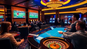 Exciting scene of แทงบอล at a luxury casino with vibrant sports betting activity.