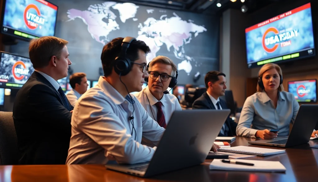 Capture the essence of Usa Today through a dynamic newsroom setup with journalists at work.