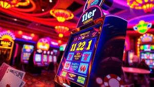 Permainan slot mpo1221 menarik perhatian dengan desain cerah dan elemen kasino yang mengelilinginya.