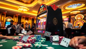 Pemain yang terlibat menikmati permainan slot pulsa di kasino yang ceria, dipenuhi kegembiraan dan elemen permainan berwarna.