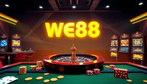 Exciting casino atmosphere showcasing WE88 with colorful gaming tables and vibrant slot machines.