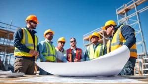 Showcasing teamwork at a construction association north carolina site with blueprints and safety gear.
