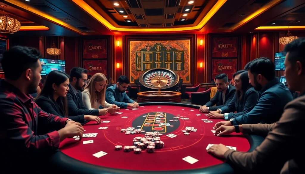 Experience the excitement of gambling with players at a high-stakes poker table at https://uu88ae.com/ featuring vibrant chips and cards.