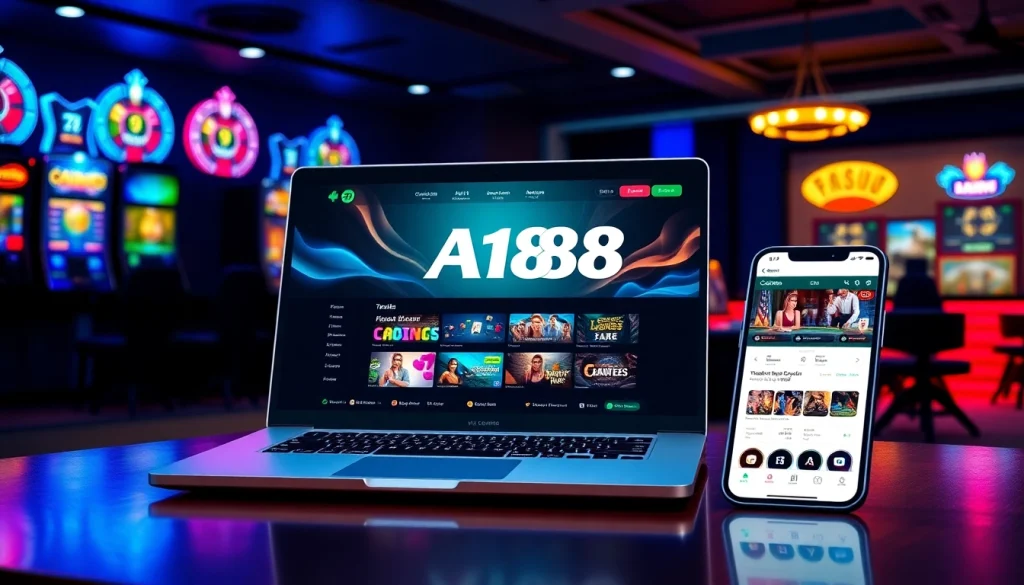 A188 online casino platform displayed on laptop and smartphone, showcasing vibrant games and live dealer experience.