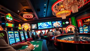 Experience the excitement of Oxplay with vibrant slot machines and dazzling casino tables.